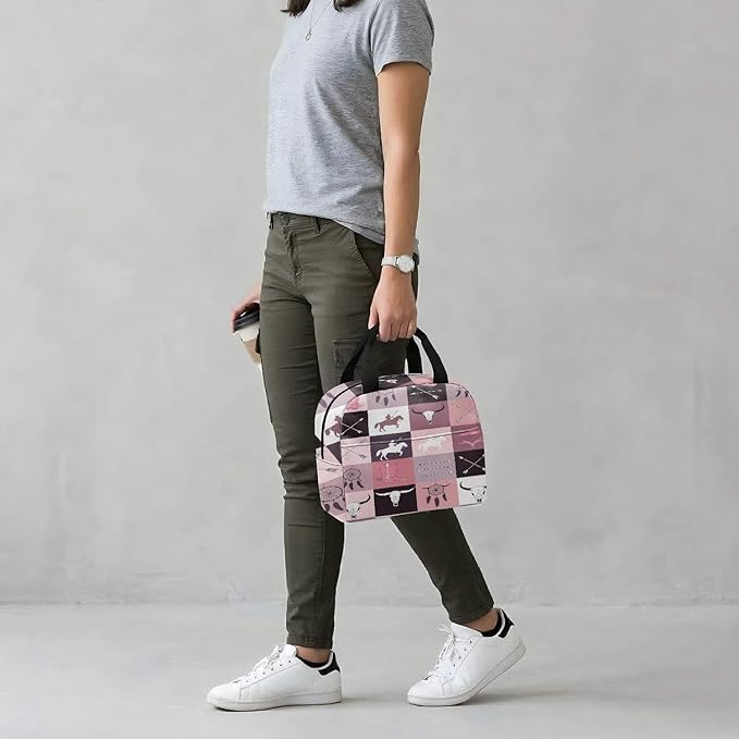 Western Retro Denim Insulated Lunch Bag Bear Deer Bird Nature Landscape Cactus Thermal Tote Portable Size (05)