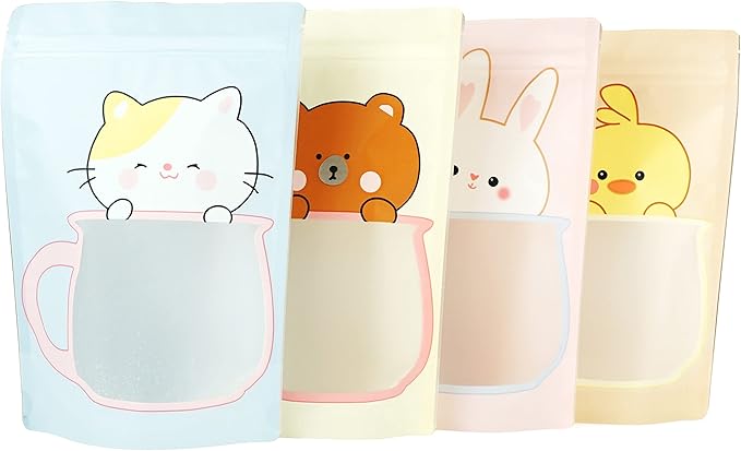 QQ Studio Animal Designed Snack Bags, Plastic Bakery Bags, Cute Favor Bags for Snacks, Pastel Cookie Bags with Window, Zipper Seal Treat Storage Bags (5 Inch x 7 Inch, Assorted Animal)