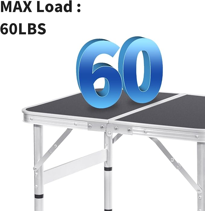 Camping Table 4 Height Adjustable Small Folding Table 2FT Foldable Portable Picnic Table Metal Aluminum Outdoor for Beach BBQ RV Black 23.6×15.7 inch