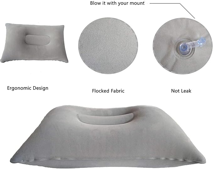 2 Pack Ultralight Inflatable Pillow Small Squared Flocked Fabric Air Pillow Beach Pillow for Hiking,Camping,Traveling,Napping,Desk Rest,Neck Lumbar Support(Gray)