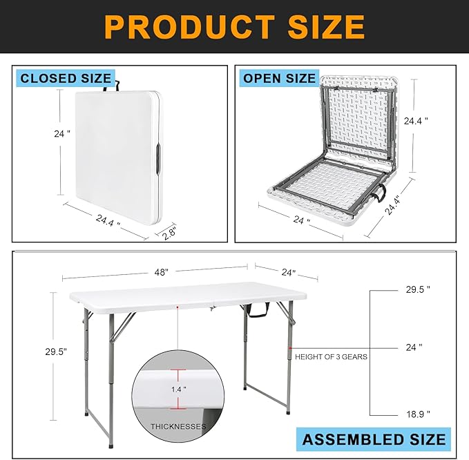48" W x 24" D x 29.5" H - 4FT Adjustable Height Heavy Duty Plastic Fold-in-Half Foldable Table,White Portable Folding Table with Carrying Handle for Camping & Party