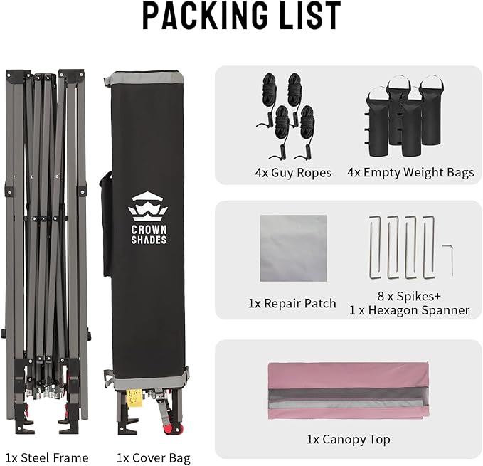 CROWN SHADES 10x10 Pop up Canopy Tent, Instant Commercial Canopy with Extend Awning, Patended Centerlock, 150D Silver Coated Fabric, 4 Ropes, 8 Stakes, 4 Weight Bags, STO 'N Go Bag, Pink