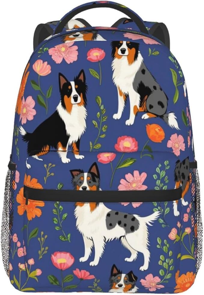Polyester Daypack Backpack for Trekking Picnic Walking Cycling, Large Capacity Anti-Theft Multipurpose Shoulder Bag, Australian Shepherd Dogs Flowers Casual Daypack