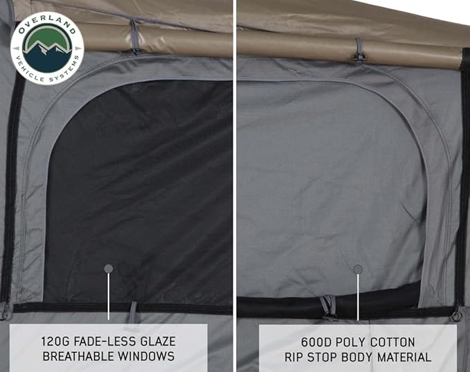 Overland Vehicle Systems Bushveld II Hard Shell Clam Shell Roof Top Tent with Aluminum Base Dark Grey Body and Green Rainfly - 2 Person Tent - Four Seasons Ready