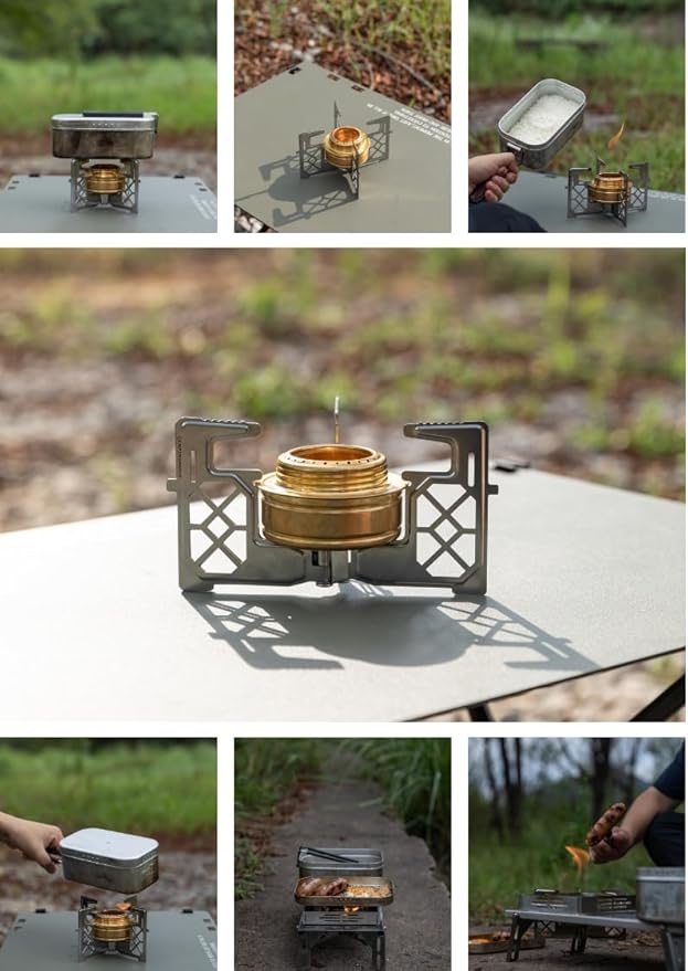 CAMPINGMOON Alcohol Stove Brass Stainless Steel Mini for Backpacking Hiking Rack Cross Stand AS-1