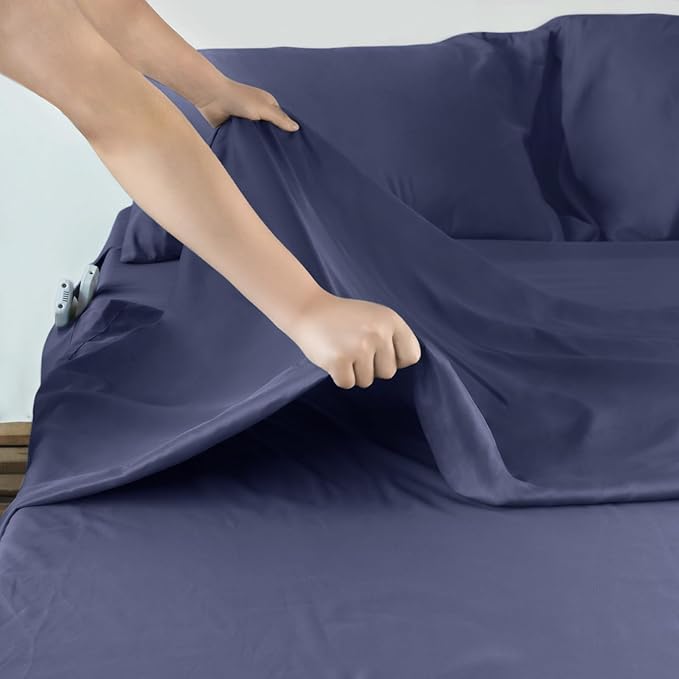Air Mattress Queen Sheet Set - Deep Pocket 4 Piece Queen Size Sheet Set - Breathable & Fade Resistant Easy Fits 16in to 24in Pillow Top Bed Mattress - Navy Blue