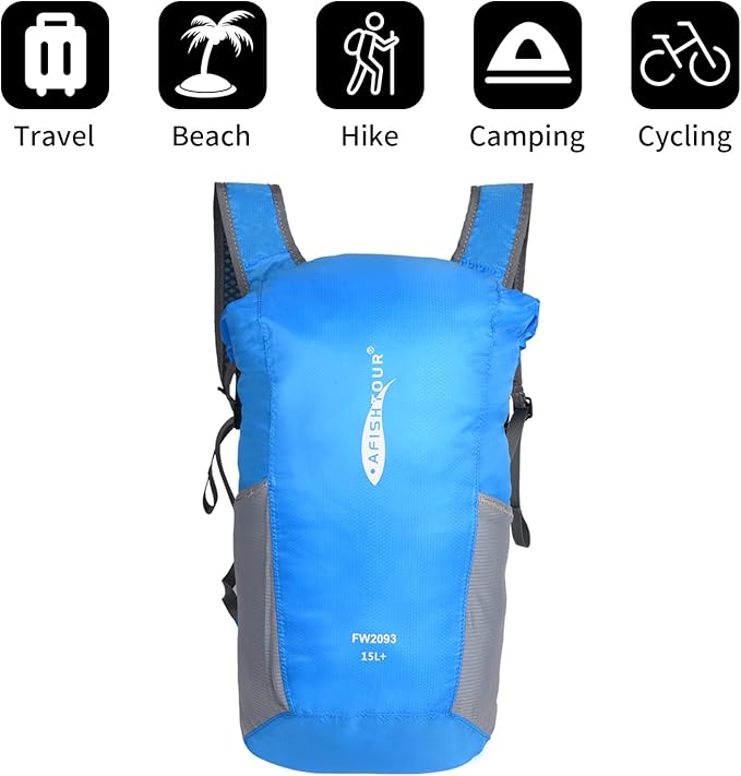 Ultralight Water Resistant Backpack for Men & Women, 15L Packable Hiking Daypack, Roll Top Closure Small Dry Bag Backpack for Cycling,Camping,Skiing, Boating (Blue)