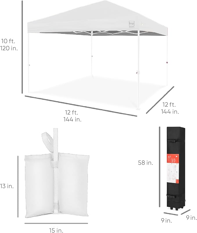 Best Choice Products 12x12ft Pop Up Canopy Tent, Outdoor Shade, 1 Person 1 Minute Set Up, Carry Case, 4 Weight Bags - White/White