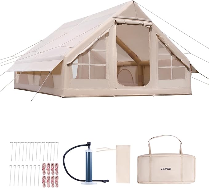 VEVOR Inflatable Tents for Camping, Easy Setup Blow up Tent with Hand Pump, 4 Season Glamping Tent with Stove Jack, Doors & Mesh Windows, Storage Bag Included for Easy Taking