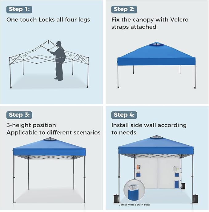 GREEN PARTY Pop Up Canopy Tent 10x10 with 1 Sidewall and 6 Pockets, One Push Set Up Ootdoor Instant Tent Canopy with Vented Roof, & Wheeled Carry Bag for Patio Camping Beach, Blue