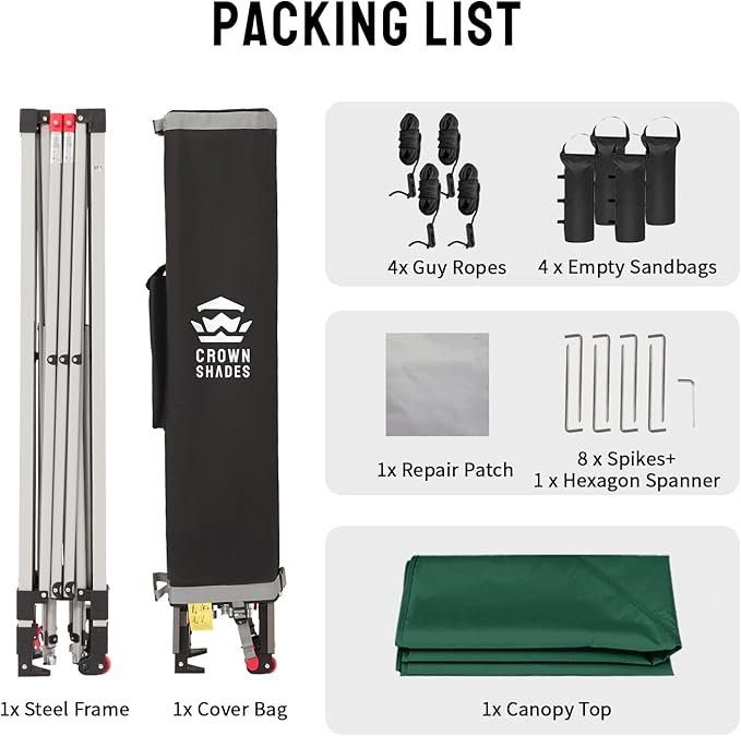 CROWN SHADES 10x10 Pop Up Canopy - Beach Tent with One Push Setup - Easy Outdoor Sun Shade for Events, Parties, Camping - Gazebo with STO-N-Go Cover Bag, Silver Coated Top, Forest Green