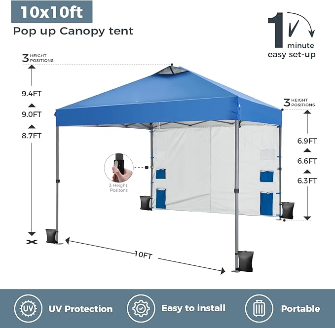 GREEN PARTY Pop Up Canopy Tent 10x10 with 1 Sidewall and 6 Pockets, One Push Set Up Ootdoor Instant Tent Canopy with Vented Roof, & Wheeled Carry Bag for Patio Camping Beach, Blue