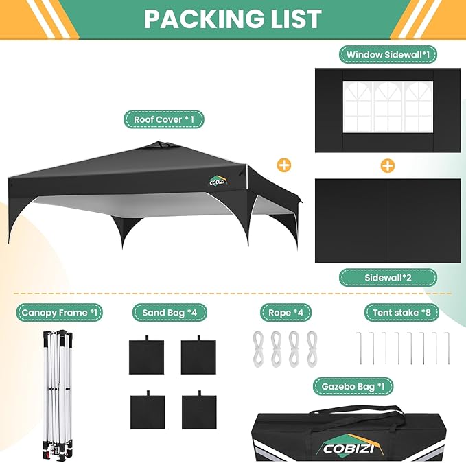 COBIZI 10x10 Pop up Canopy, Canopy Tent 10x10 with 3 Sidewalls, 1 Person Easy Set up,Tents for Parties, Outdoor Tent with Fluorescent Strip & 4 Sandbags, Waterproof, 3 Adjustable Height(Black)
