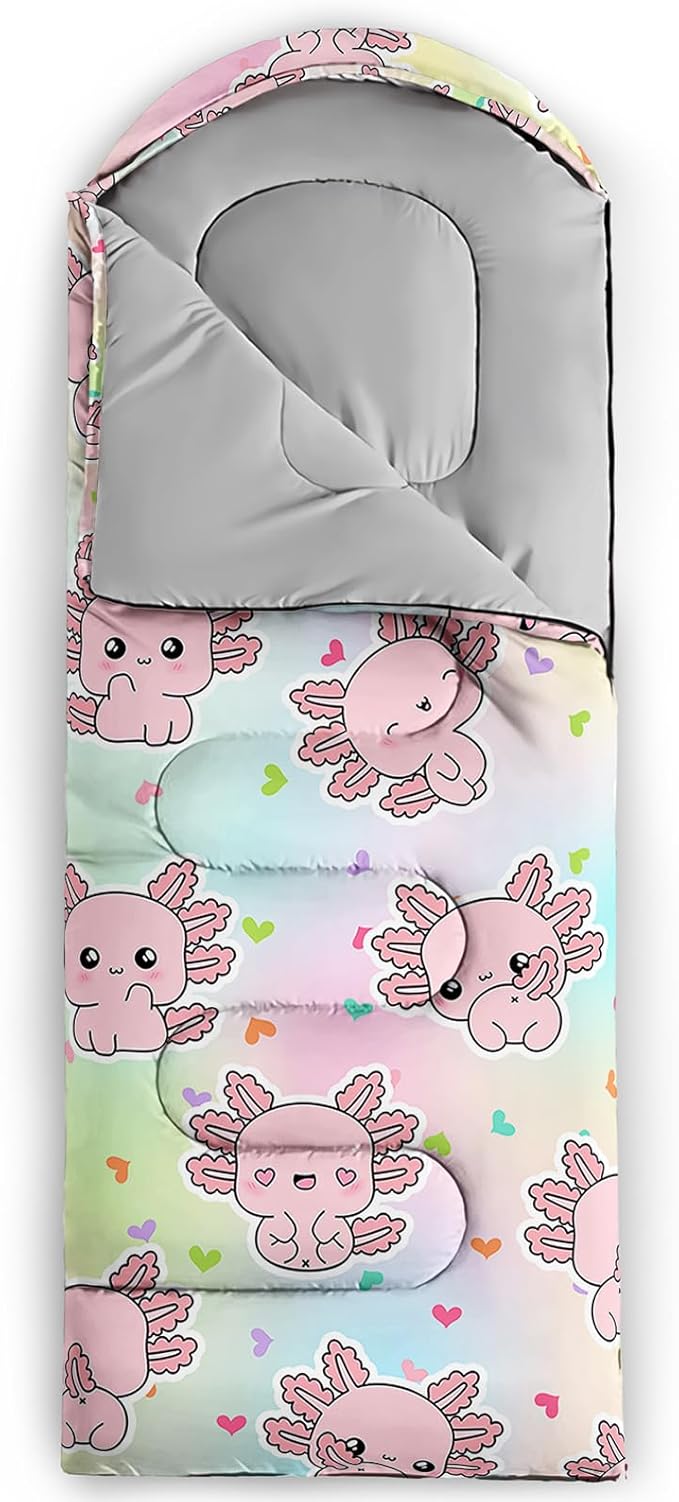 AILONEN Kawaii Puppy Sleeping Bag for Kids Boys Girls,Warm and Cool Weather,Lightweight,Waterproof Backpacking,Cartoon Cute Dog & Duck Animal Themed Blue Sleeping Bag for Camping