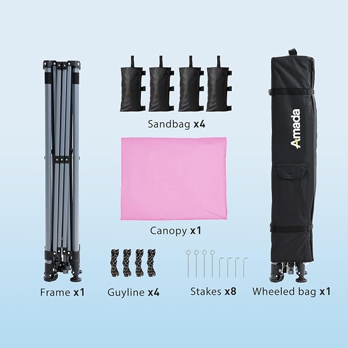 Amada 10x10 Pop Up Canopy - Center Lock One Push Instant Setup Gazebo Outdoor Canopy Beach Tent with STO-N-Go Bag 8 Stakes & 4 Sand Bags, 3-Height Adjustable Shade Shelter (10x10ft, Pink)