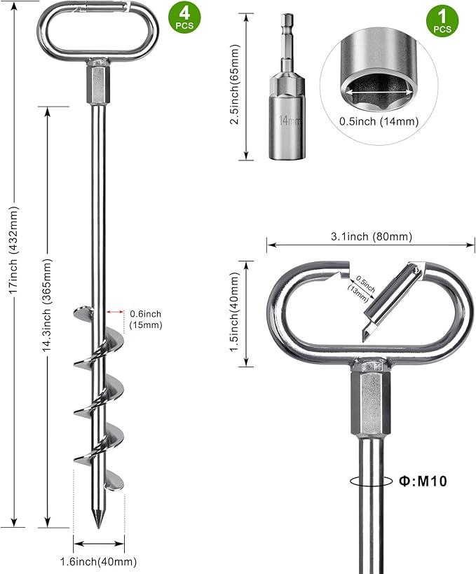 SELEWARE 17" Ground Anchors Screw in, 4 Pack Swing Set Ground Anchor Kit, High Wind Trampoline Stakes, Heavy Duty Wider Spiral Earth Anchor for Mobile Home, Tree, Tent, Shed, Carport, Securing Animals
