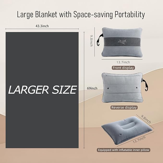 Melissa Large Travel Blanket and Inflatable Pillow Set - 69โ x 43.3โ โ Soft Blanket with Carry Bag โ Lightweight, Compact & Washable for Backpacking, Hiking, Car, Airplane, Office, Camping (Gray)