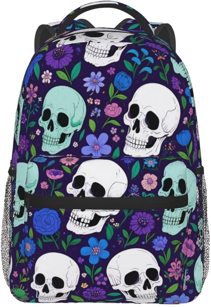 Men Women Polyester Flower Skull Purple Backpack Large Capacity Bookbag With Smooth Zippers for Climbing Picnic Bicycle