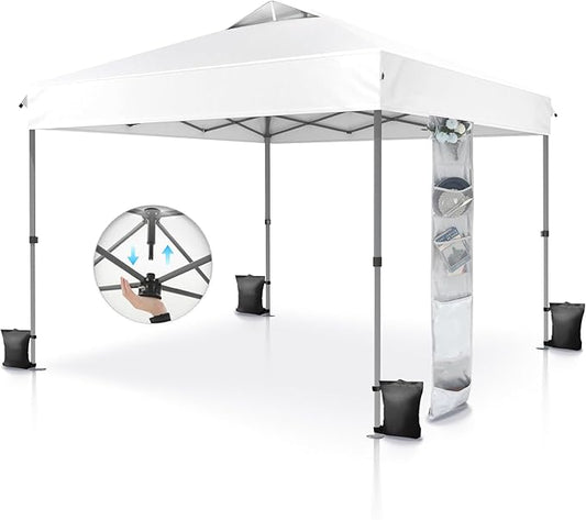 PHI VILLA 10’x10’ Pop Up Canopy Tent - One Push Setup, Instant Shade Tent with Vented Roof for Beach & Events - Includes Storage Bag, Sandbags, Stakes & Ropes (White)