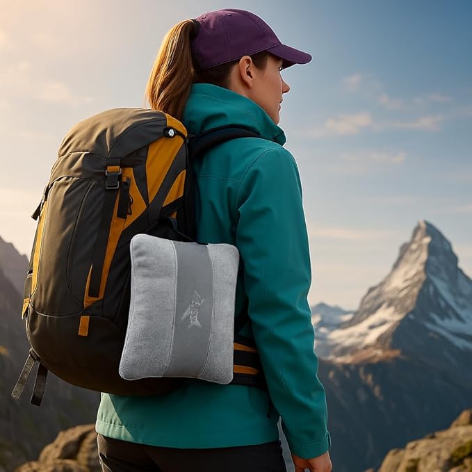Melissa Large Travel Blanket and Inflatable Pillow Set - 69โ x 43.3โ โ Soft Blanket with Carry Bag โ Lightweight, Compact & Washable for Backpacking, Hiking, Car, Airplane, Office, Camping (Gray)
