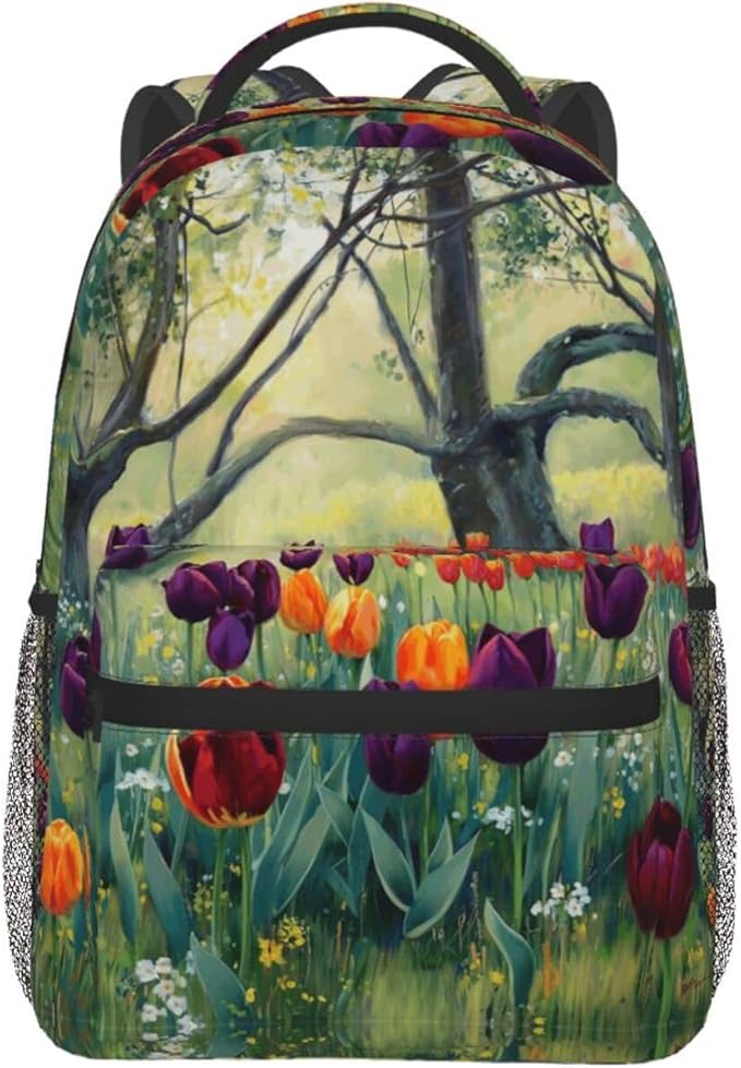 Men Women Lightweight Colorful Sea Of Tulips Art Daypack Bookbag Big Capacity Carry On Bag With Side Pockets for Camping Travel Bicycle
