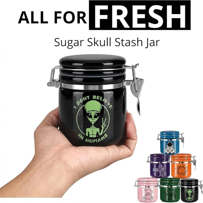 Alien Smell Proof Jar Half Oz (250ml), Separate Space for Humidity Pack To Keep Herbs Fresh For Months - Ceramic Smell Proof Containers, ET Stash Jar with Clamp Lid - Double Sealed Airtight Jar -Black