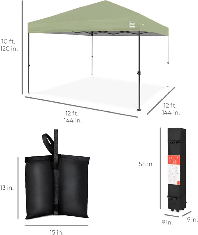 Best Choice Products 12x12ft Pop Up Canopy Tent, Outdoor Shade, 1 Person 1 Minute Set Up, Carry Case, 4 Weight Bags - Sage Green