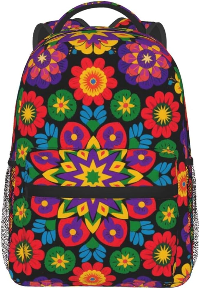 Backpack Polyester Anti-Theft Multipurpose Psychedelic Trippy Mandala Flower Bookbag Large Capacity Laptop Book Bag Rucksack With Side Pockets