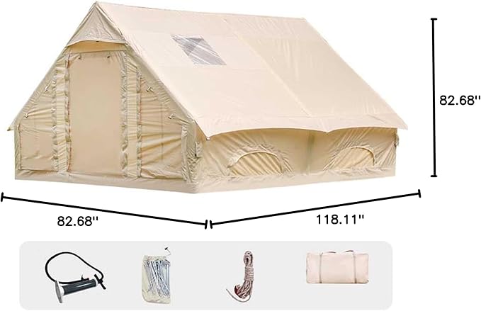 Inflatable Camping Tents with Hand Pump, Air Glamping Tents, Easy Setup Waterproof and Windproof Blow up Tent, 4 Seasons Oxford Cabin Tent with Mesh & Chimney Window.