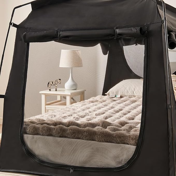 Privacy Sleep Indoor Bed Tent for Adults Kids, Portable Blackout 90% Canopy Tents with 3 Doors Breathable Mesh Windows