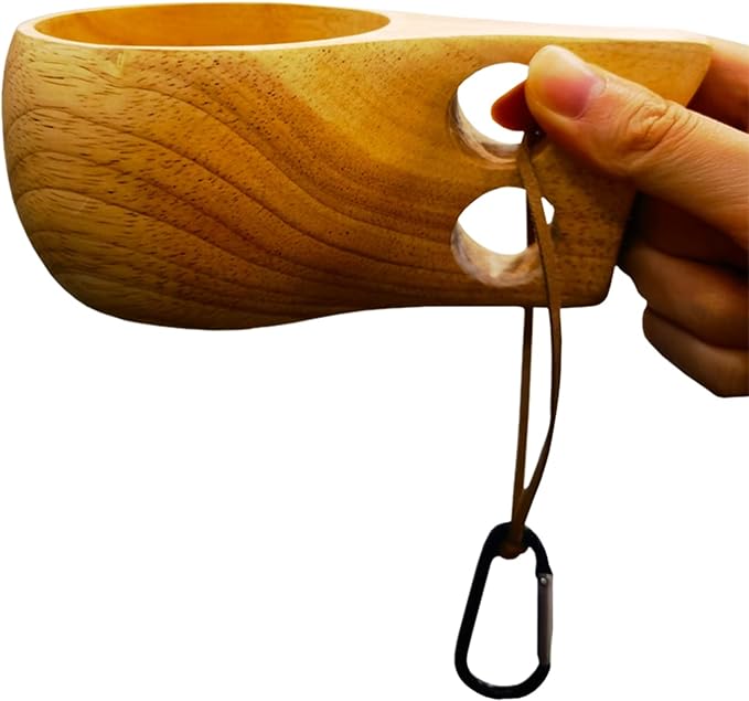 Sanrich Wooden Mug Kuksa Handcrafted Wood Camp Mug Survival Wood Cup Camping Cups & Mugs with Carabiner Leather Lanyard For Drinking Tea Coffee (6 ounces-smooth-two handle hole)
