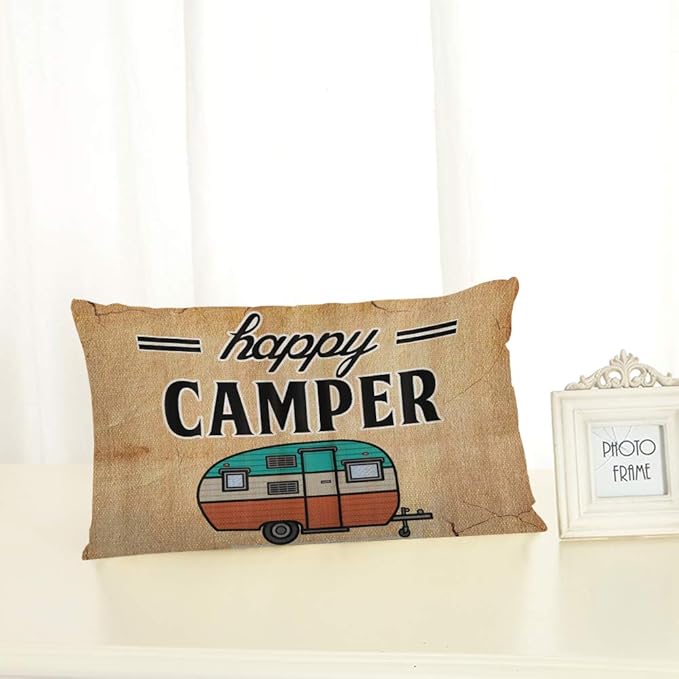 Throw Pillow Cover Happy Camper Camping Outdoor Decorative Pillow Case Home Decor 20x12 Inches Pillowcase