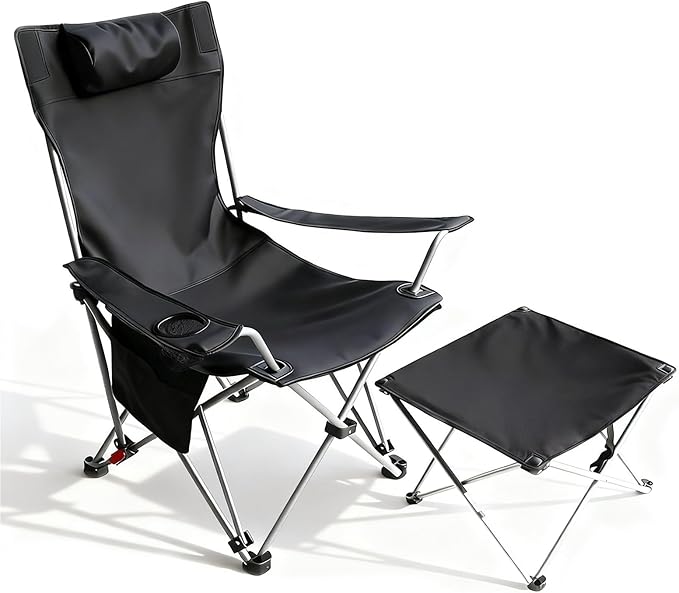Portable Camping Chair with Footrest Folding Lounge Chair, Reclining Chair for Outside with Cup Holder, Side Pocket and Pillow, Heavy Duty Collapsible Chair for Sports,Outdoors & Lawns