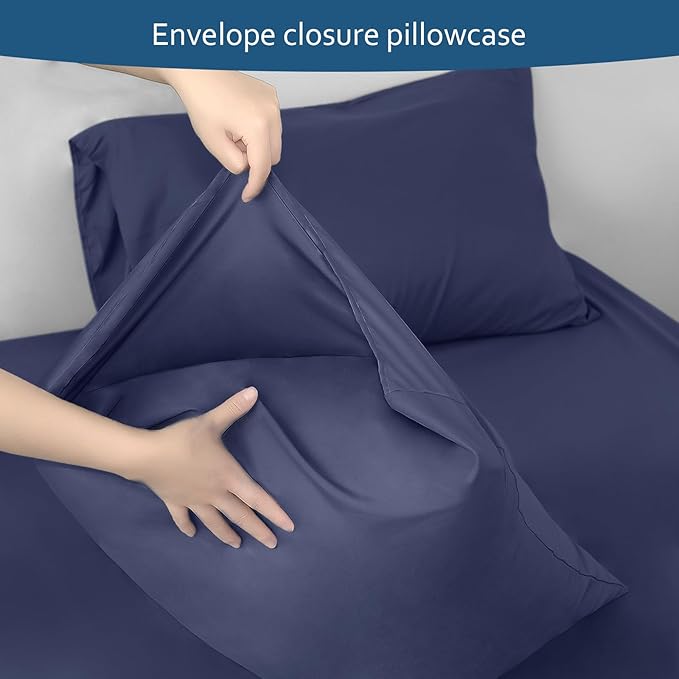 Air Mattress Queen Sheet Set - Deep Pocket 4 Piece Queen Size Sheet Set - Breathable & Fade Resistant Easy Fits 16in to 24in Pillow Top Bed Mattress - Navy Blue