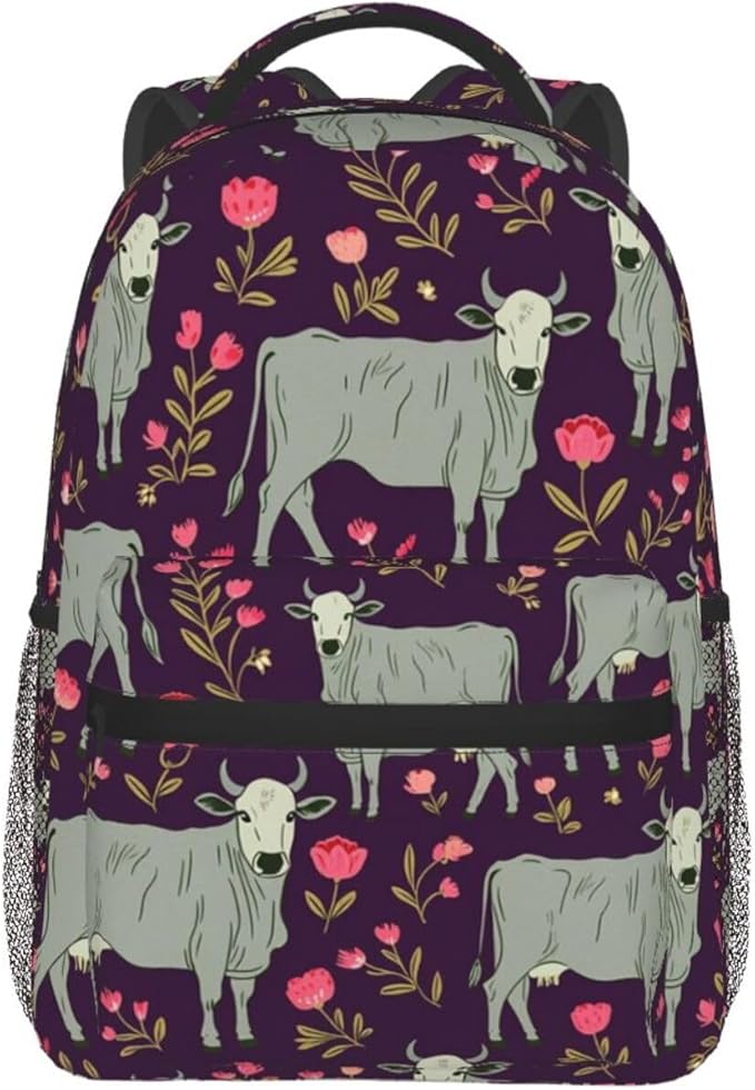 Polyester Daypack for Camping Travel Walking Cycling, Big Capacity Anti-Theft Multipurpose Bookbag, Brahman Cow Floral Camping Outdoor Backpack