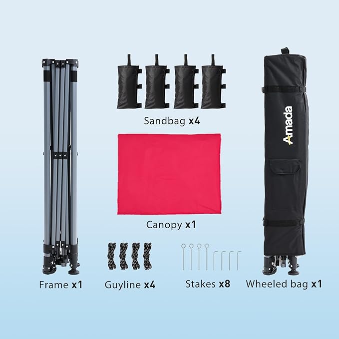 Amada 10x10 Pop Up Canopy - Center Lock One Push Instant Setup Gazebo Outdoor Canopy Beach Tent with STO-N-Go Bag 8 Stakes & 4 Sand Bags, 3-Height Adjustable Shade Shelter (10x10ft, Red)