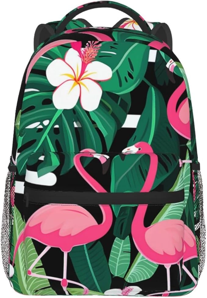 Polyester Daypack Bookbag for Gym Business Bicycle, Large Capacity Multipurpose Anti-Theft Carry On Bag, Flamingo Tropical Bird Art Travel Hiking Daypack