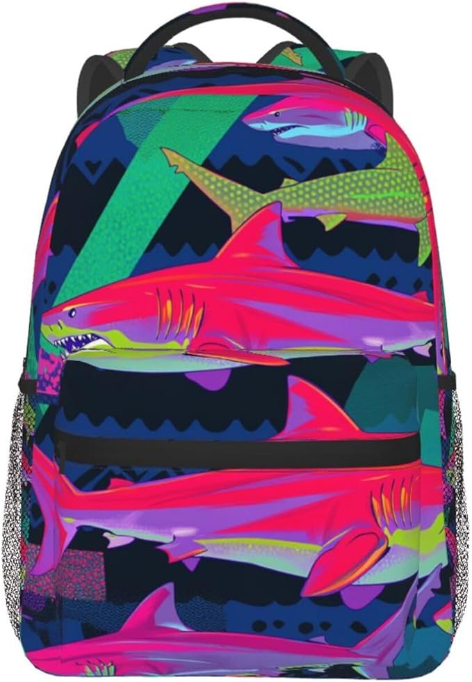 Men Women Lightweight Colorful Shark Art Casual Daypack Large Capacity Bookbag With Adjustable Shoulder Straps for Gym Business Bicycle
