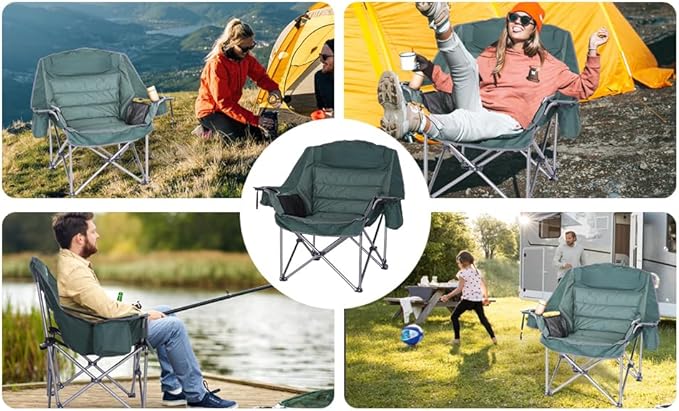 Folding Camping Chair, Padded Chair, Oversized Camping Chair, Lawn Chair for Adults, Heavy Duty 400lb Carry Bag Cupholder & Cooler (2-Pack)