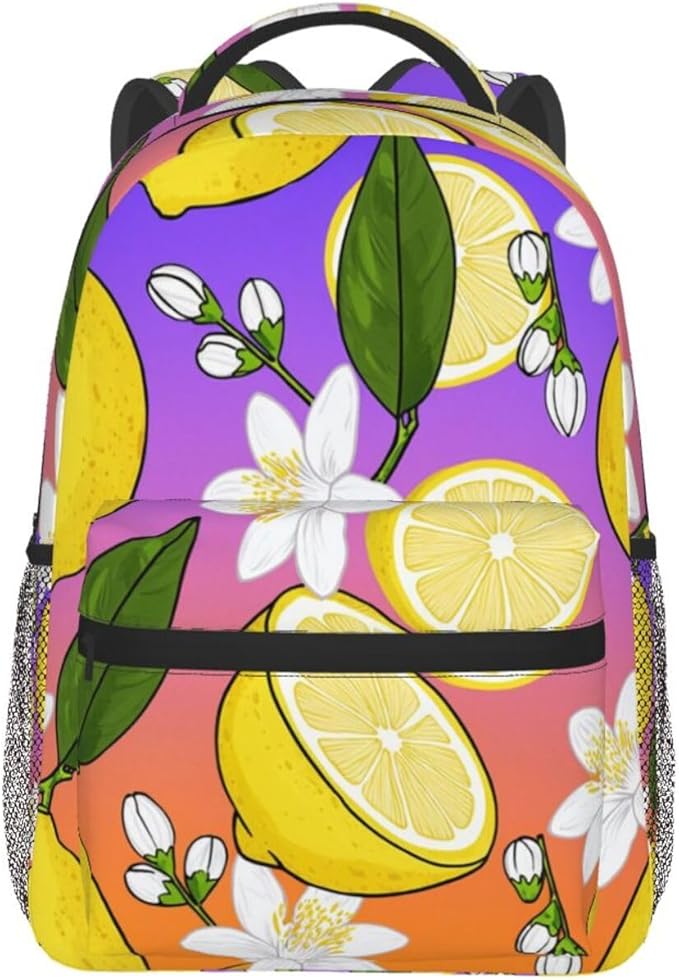 Polyester Daypack Backpack for Sports Travel Running, Big Capacity Anti-Theft Multipurpose Carry On Bag, Lemon Fruits Summer Ornament Art Laptop Book Bag Rucksack
