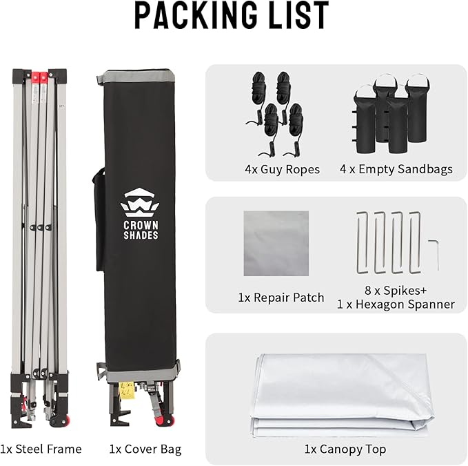 CROWN SHADES 10x10 Pop Up Canopy - Beach Tent with One Push Setup - Easy Outdoor Sun Shade for Events, Parties, Camping - Gazebo with STO-N-Go Cover Bag, Silver Coated Top, Grid White