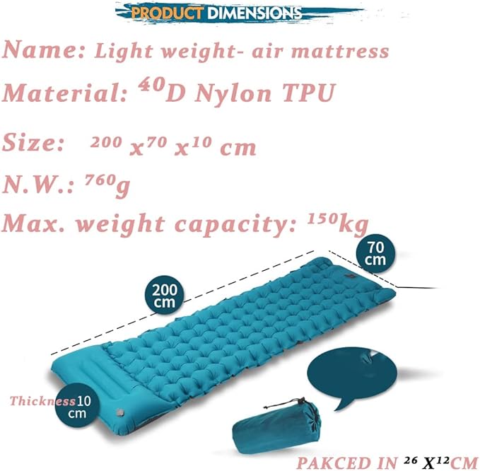 Lightweight Inflatable Camping Mattress, Extra Thickness 3.9 Inch, Inflating Sleeping Pad for Camping, Hiking, Traveling, Purplish Blue