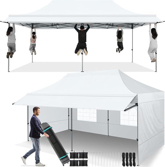 COBIZI 10x20 Pop Up Canopy Tent with Awning,Heavy Duty Canopy UPF 50+ All Season Wind Waterproof Commercial Outdoor Street Vendors Party Tents for Parties Canopy with Roller Bag(10 x 20 ft White)