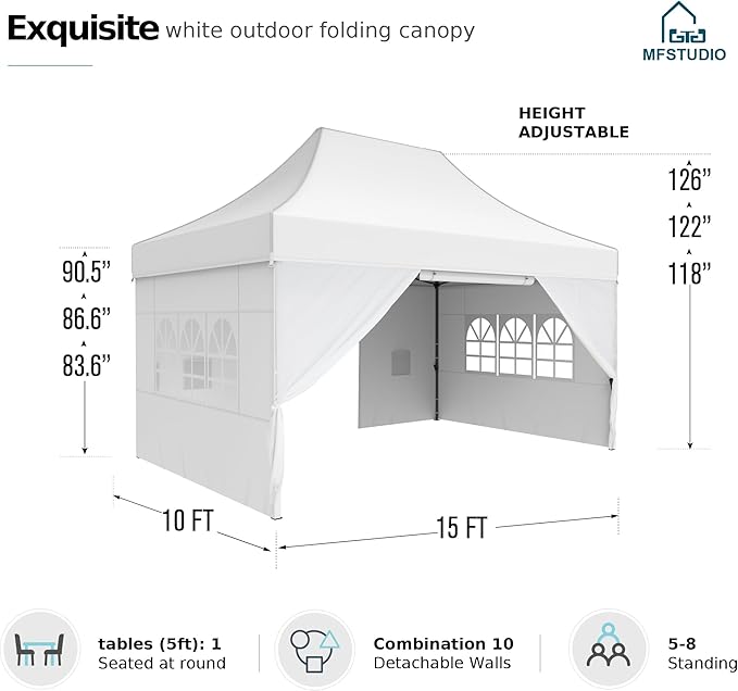 MFSTUDIO 10x15 Pop Up Canopy Tent, Outdoor Commercial Heavy Duty Party Tent with 4 Sidewalls, Easy Set-up Waterproof Canopy Tent for Party Event Wedding, Thickened Legs with 3 Heigh Adjustable, White