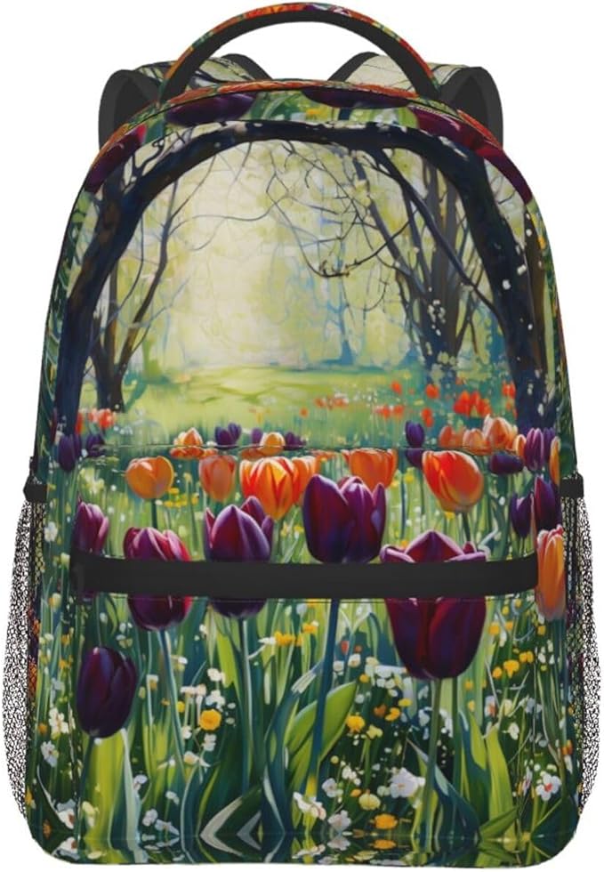Daypack Anti-Theft Multipurpose Large Capacity Shoulder Bag, Colorful Sea Of Tulips Art Travel Hiking Camping Rucksack With Smooth Zippers