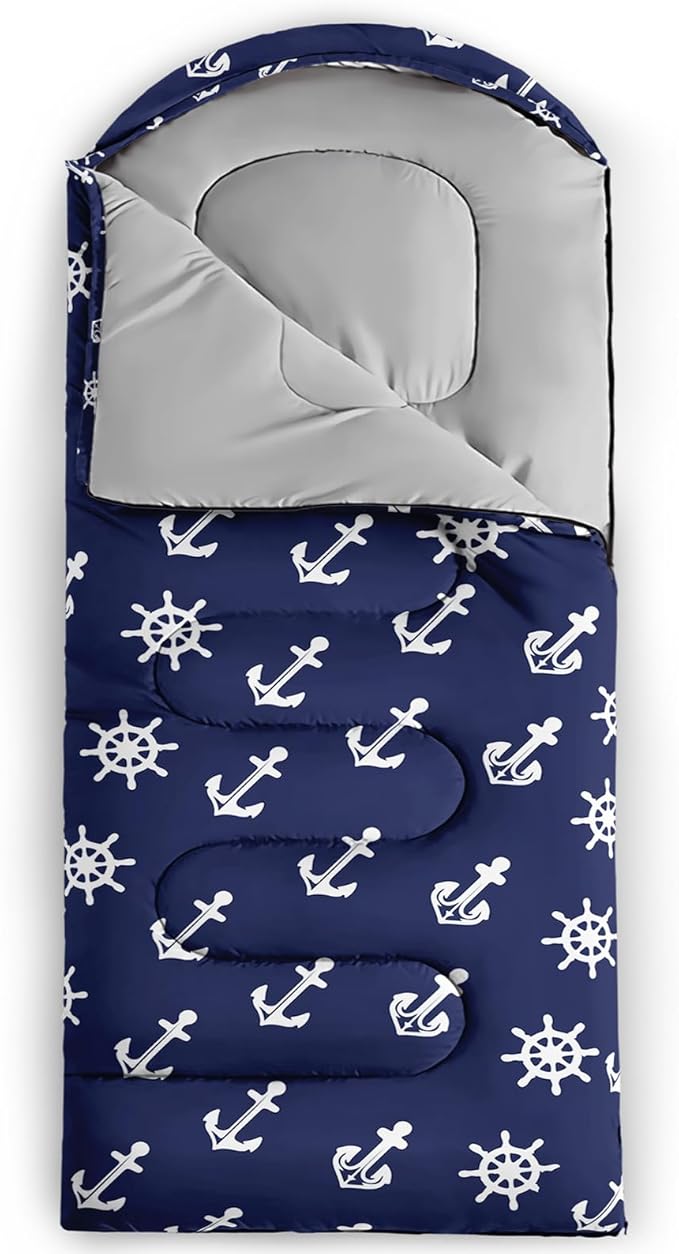 AILONEN Boys Sleeping Bag for Camping,Nautical Anchor,Lightweight & Waterproof,3 Season Warm & Cool Weather,Navy Blue Sleeping Bags for Kids Men Travelling,Outdoors