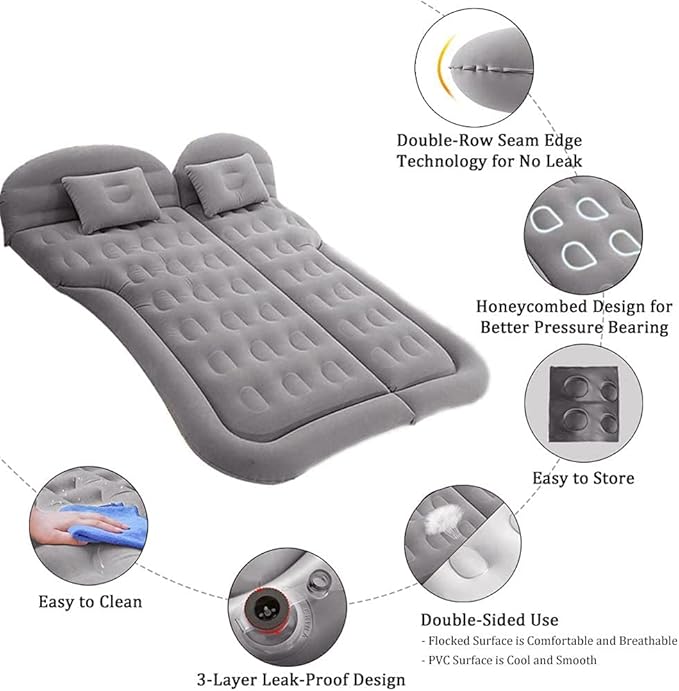 Inflatable SUV Air Mattress Thickened Flocking Inflatable Car Camping Travel Air Mattress with 2 Pillows & Air Pump,Portable Car Sleeping Bed for SUV|MPV|Minivan