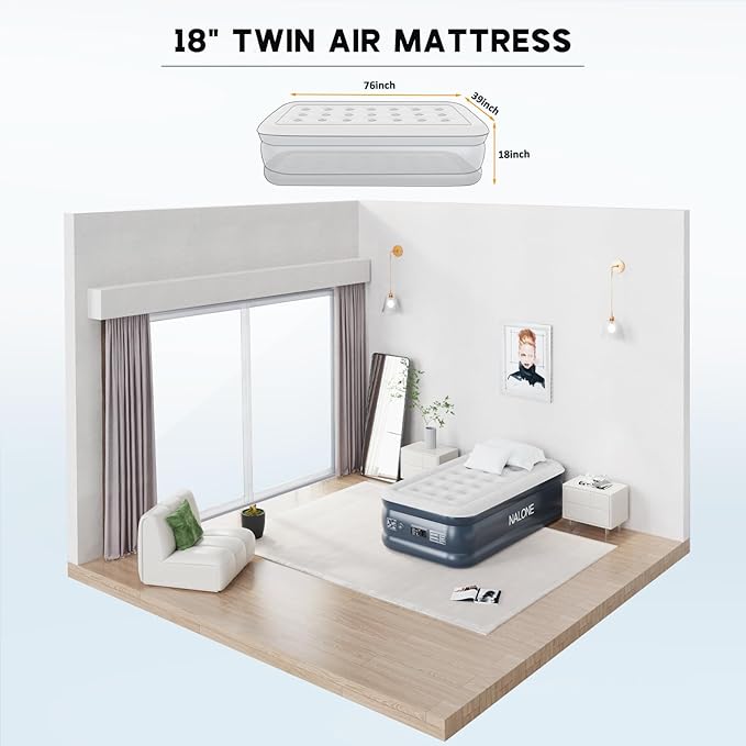 nalone Air Mattress Twin with Built in Pump, 18'' Luxury Self Inflatable Mattress, 2025 Upgraded Fast Blow Up Mattress with Carry Bag, Portable Air Bed for Home, Travel & Camping, 500lbs Max