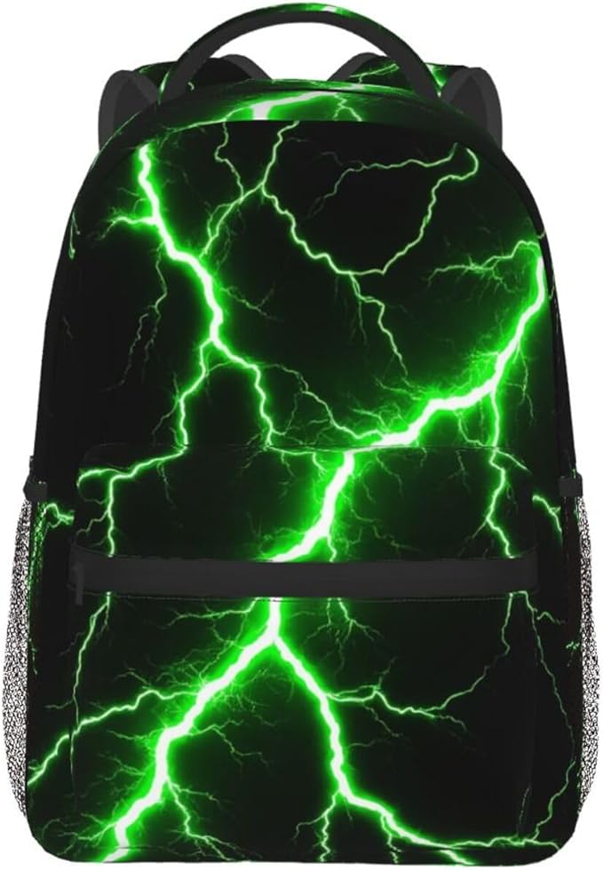 Men Women Polyester Green Lightning Art Casual Daypack Large Capacity Carry On Bag With Adjustable Shoulder Straps for Camping Work Running