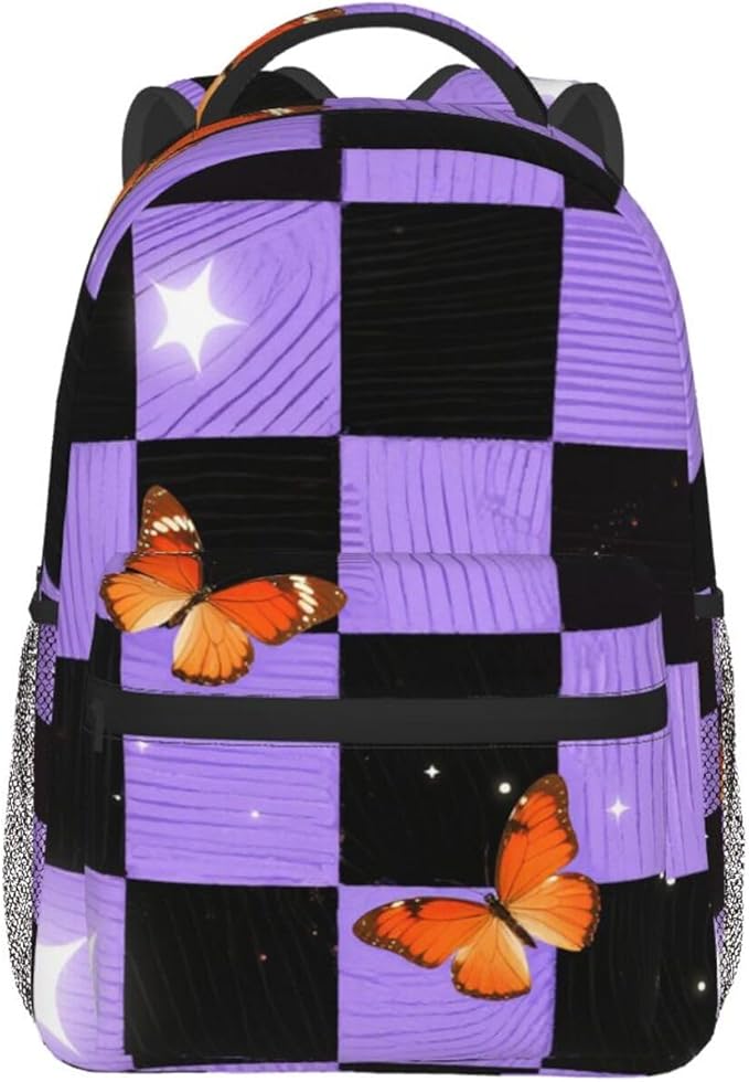 Polyester Daypack Backpack for Climbing Outdoors Running, Big Capacity Multipurpose Anti-Theft Bookbag, Buffalo Plaid Proton Purple Tartan Travel Hiking Camping Rucksack